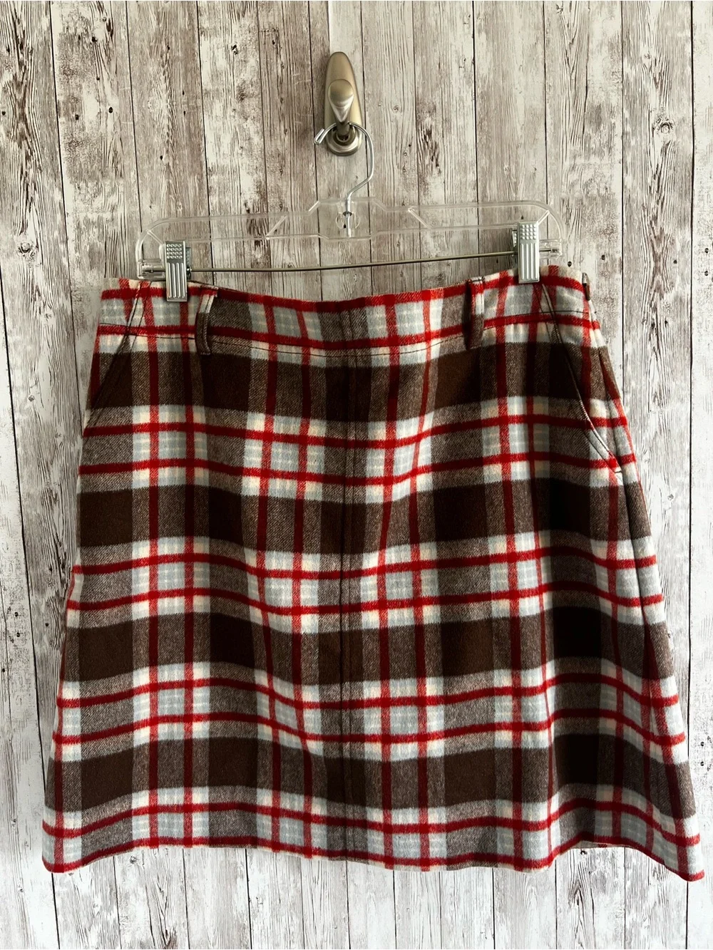 Eddie Bauer Brown, Cream and Red Plaid Mini Skirt Wool Fall Size 12